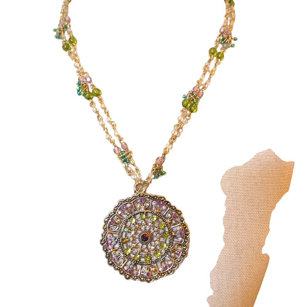 Gold Tone Double Strand Beaded Chain Pink Green Rhinestone Medallion Necklace